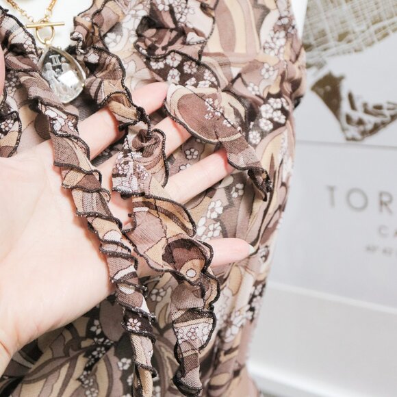 Y2K Sheer Brown Paisley Ruffle Collar Tank Top ☕️ JAPANESE BRAND - Picture 2 of 8